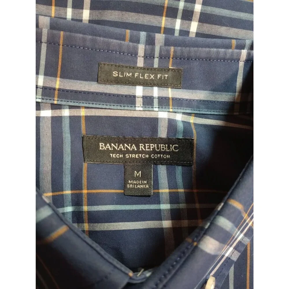 Banana‎ Republic Shirt Men's Medium Navy Button Front Long Sleeve Slim Flex Fit